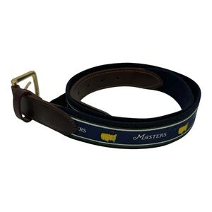 Vineyard Vines Masters 2025 Navy Woven Belt with Brown Leather & Brass Buckle